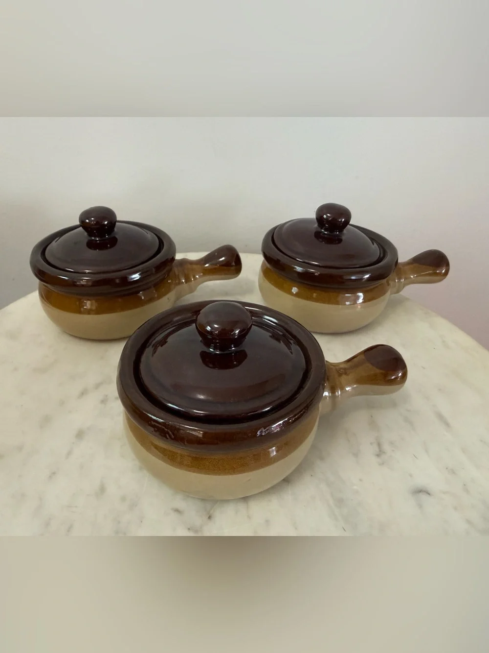 Vintage French Onion Soup Crocks Handled Bowls with Lids Brown Glazed Set of 3